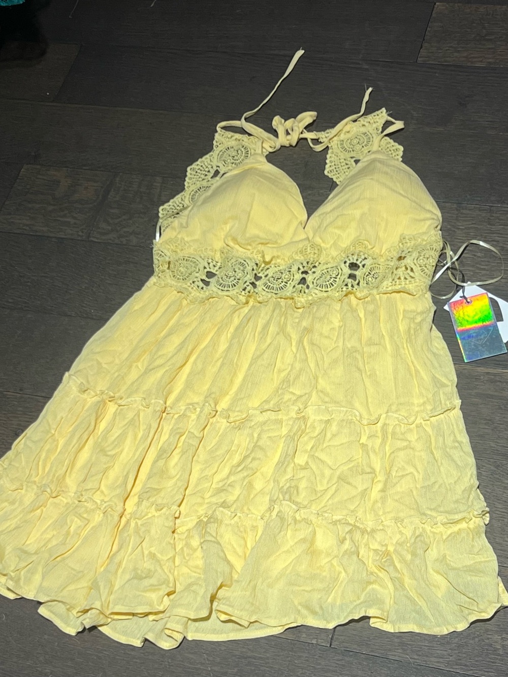 iris Yellow Lace-Trim Tiered Mini Dress